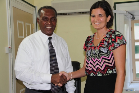 Premier Amory greets Susan Sarah Owen, Head of UWI Open Campus for St Kitts and Nevis
